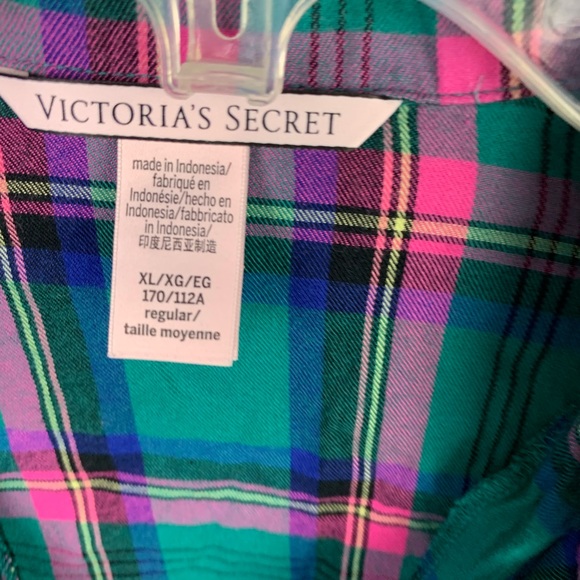 Victorias Secret XL 3 Piece Pajama Set Shorts Button Front Green Pink Plaid - Picture 10 of 11
